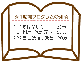 １時間プログラムの例　おはなしかい　20分　利用や施設の案内　20分　自由読書や貸出　20分