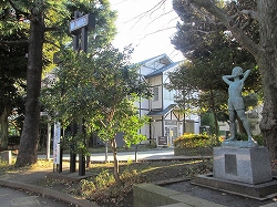 大塚公園の木々越しから見る図書室の写真