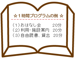 1時間プログラムの例  おはなしかい  20分  利用や施設の案内  20分  自由読書や貸出  20分