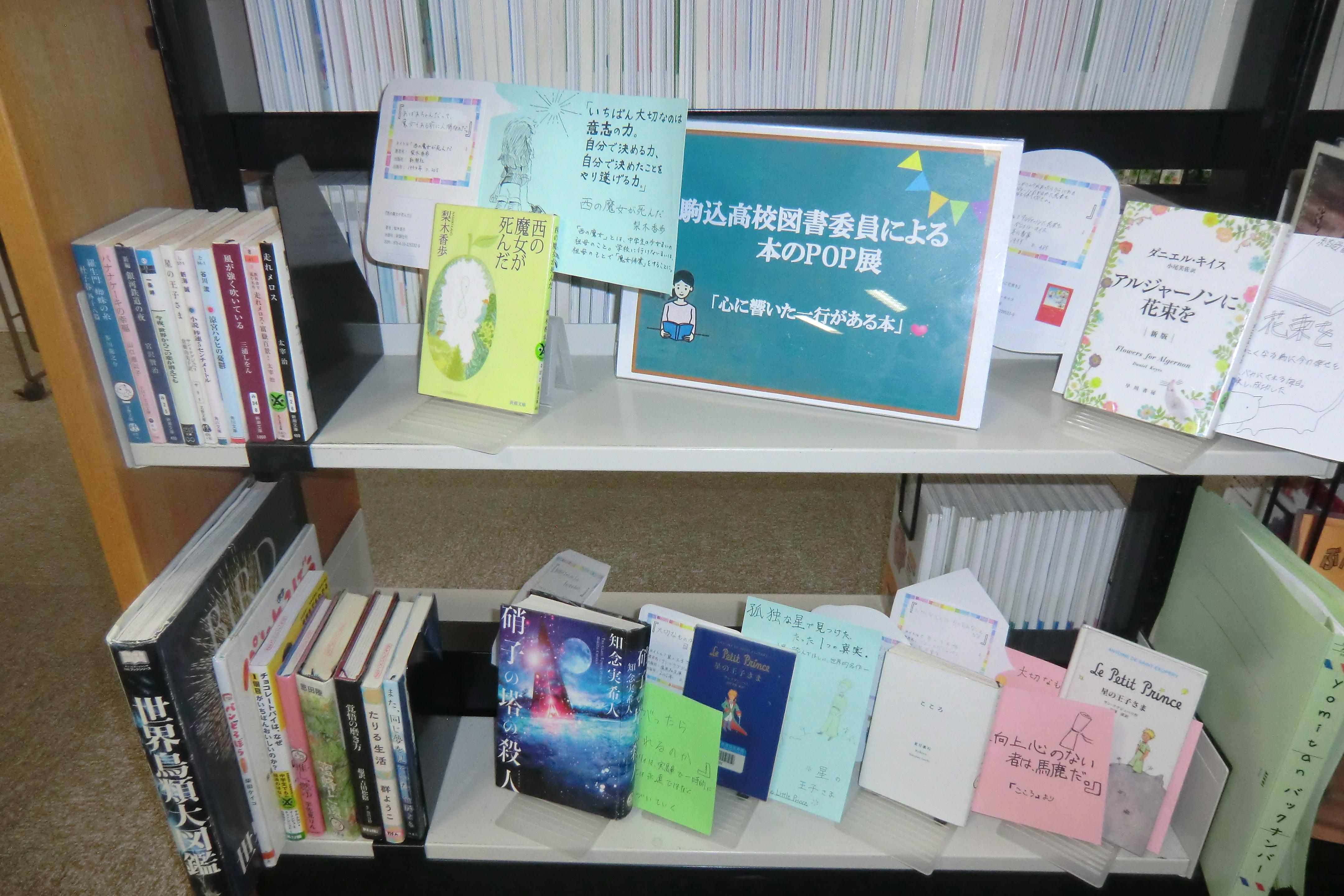 駒込高校POP展示「心に響いた一行がある本」特集棚